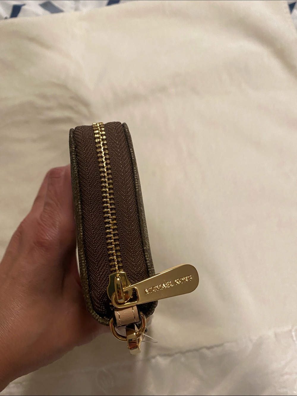 Michael Kors Brown Logo Zip-Around Wristlet with Pale Beige Strap - Picture 2 of 6